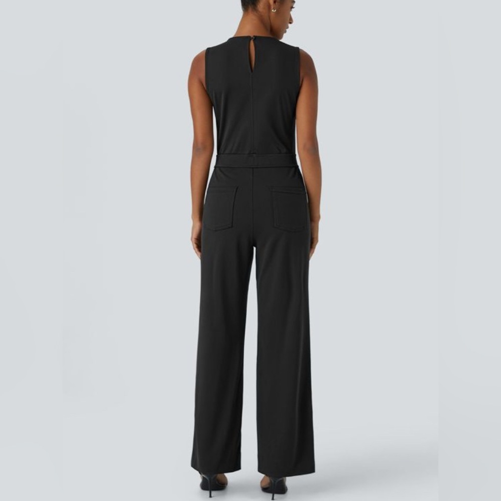 NWT Halara Xl Black Sleeveless Keyhole Jumpsuit Pockets Buttons Work - Picture 2 of 9